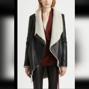 HELMUT LANG Dark Brown Weathered Leather/Shearling Coat Jacket; Size M